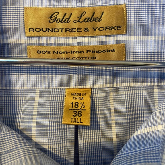Roundtree & Yorke Gold Label Blue Plaid Non-Iron Cotton Dress Shirt 18.5 36 Tall - Picture 2 of 10